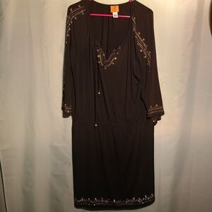 "Women's Black Embellished Boho Dress – 3/4 Sleeve Tunic Style"